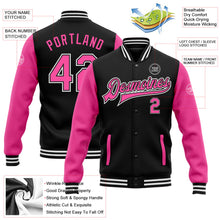 Laden Sie das Bild in den Galerie-Viewer, Uksn Individuelles Bomberjacke in Schwarz-Pink-Weiß mit Druckknopfleiste, Zweifarben-Design und Varsity-Letterman-Stil
