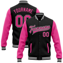 Laden Sie das Bild in den Galerie-Viewer, Uksn Individuelles Bomberjacke in Schwarz-Pink-Weiß mit Druckknopfleiste, Zweifarben-Design und Varsity-Letterman-Stil
