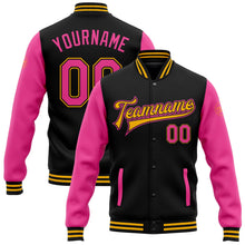 Laden Sie das Bild in den Galerie-Viewer, Uksn Individuelles Bomberjacke in Schwarz-Pink-Gold mit Druckknopfleiste, Zweifarben-Design und Varsity-Letterman-Stil
