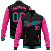 Laden Sie das Bild in den Galerie-Viewer, Uksn Individuelles Bomberjacke in Schwarz-Pink-Petrol mit Druckknopfleiste, Zweifarben-Design und Varsity-Letterman-Stil
