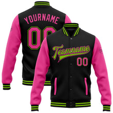 Laden Sie das Bild in den Galerie-Viewer, Uksn Individuelles Bomberjacke in Schwarz-Pink-Neongrün mit Druckknopfleiste, Zweifarben-Design und Varsity-Letterman-Stil
