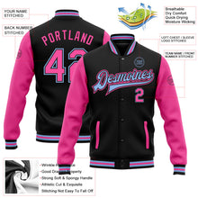 Laden Sie das Bild in den Galerie-Viewer, Uksn Individuelles Bomberjacke in Schwarz-Pink-Hellblau mit Druckknopfleiste, Zweifarben-Design und Varsity-Letterman-Stil
