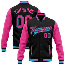 Laden Sie das Bild in den Galerie-Viewer, Uksn Individuelles Bomberjacke in Schwarz-Pink-Himmelblau mit Druckknopfleiste, Zweifarben-Design und Varsity-Letterman-Stil
