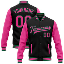 Laden Sie das Bild in den Galerie-Viewer, Uksn Individuelles Bomberjacke in Schwarz-Pink-Kelly-Grün mit Druckknopfleiste, Zweifarben-Design und Varsity-Letterman-Stil
