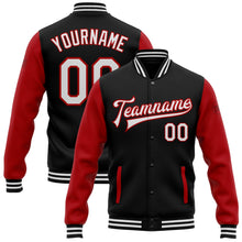 Laden Sie das Bild in den Galerie-Viewer, Uksn Individuelles Bomberjacke in Schwarz-Weiß-Rot mit Druckknopfleiste, Zweifarben-Design und Varsity-Letterman-Stil
