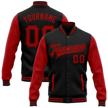 Laden Sie das Bild in den Galerie-Viewer, Uksn Individuelles Bomberjacke in Schwarz-Rot mit Druckknopfleiste, Zweifarben-Design und Varsity-Letterman-Stil
