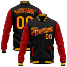 Laden Sie das Bild in den Galerie-Viewer, Uksn Individuelles Bomberjacke in Schwarz-Gold-Rot mit Druckknopfleiste, Zweifarben-Design und Varsity-Letterman-Stil
