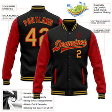 Laden Sie das Bild in den Galerie-Viewer, Uksn Individuelles Bomberjacke in Schwarz-Altgold-Rot mit Druckknopfleiste, Zweifarben-Design und Varsity-Letterman-Stil

