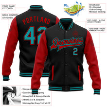 Laden Sie das Bild in den Galerie-Viewer, Uksn Individuelles Bomberjacke in Schwarz-Petrol-Rot mit Druckknopfleiste, Zweifarben-Design und Varsity-Letterman-Stil
