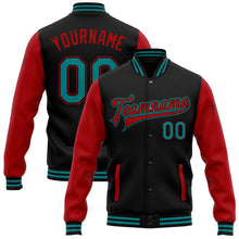Laden Sie das Bild in den Galerie-Viewer, Uksn Individuelles Bomberjacke in Schwarz-Petrol-Rot mit Druckknopfleiste, Zweifarben-Design und Varsity-Letterman-Stil
