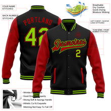 Laden Sie das Bild in den Galerie-Viewer, Uksn Individuelles Bomberjacke in Schwarz-Neongrün-Rot mit Druckknopfleiste, Zweifarben-Design und Varsity-Letterman-Stil
