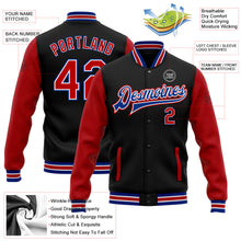 Laden Sie das Bild in den Galerie-Viewer, Uksn Individuelles Bomberjacke in Schwarz-Rot-Royalblau mit Druckknopfleiste, Zweifarben-Design und Varsity-Letterman-Stil
