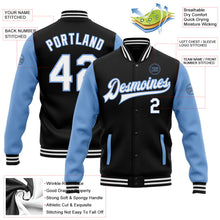 Laden Sie das Bild in den Galerie-Viewer, Uksn Individuelles Bomberjacke in Schwarz-Weiß-Hellblau mit Druckknopfleiste, Zweifarben-Design und Varsity-Letterman-Stil
