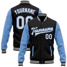 Laden Sie das Bild in den Galerie-Viewer, Uksn Individuelles Bomberjacke in Schwarz-Weiß-Hellblau mit Druckknopfleiste, Zweifarben-Design und Varsity-Letterman-Stil
