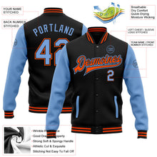 Laden Sie das Bild in den Galerie-Viewer, Uksn Individuelles Bomberjacke in Schwarz-Hellblau-Orange mit Druckknopfleiste, Zweifarben-Design und Varsity-Letterman-Stil
