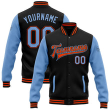 Laden Sie das Bild in den Galerie-Viewer, Uksn Individuelles Bomberjacke in Schwarz-Hellblau-Orange mit Druckknopfleiste, Zweifarben-Design und Varsity-Letterman-Stil
