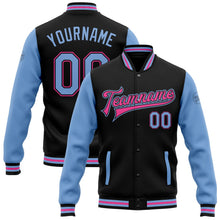 Laden Sie das Bild in den Galerie-Viewer, Uksn Individuelles Bomberjacke in Schwarz-Hellblau-Pink mit Druckknopfleiste, Zweifarben-Design und Varsity-Letterman-Stil

