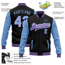 Laden Sie das Bild in den Galerie-Viewer, Uksn Individuelles Bomberjacke in Schwarz-Hellblau-Violett mit Druckknopfleiste, Zweifarben-Design und Varsity-Letterman-Stil
