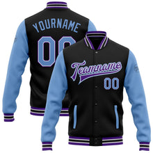 Laden Sie das Bild in den Galerie-Viewer, Uksn Individuelles Bomberjacke in Schwarz-Hellblau-Violett mit Druckknopfleiste, Zweifarben-Design und Varsity-Letterman-Stil
