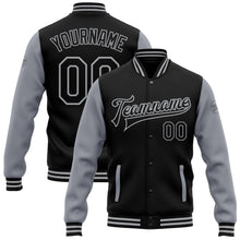 Laden Sie das Bild in den Galerie-Viewer, Uksn Individuelles Bomberjacke in Schwarz-Grau mit Druckknopfleiste, Zweifarben-Design und Varsity-Letterman-Stil

