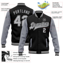 Laden Sie das Bild in den Galerie-Viewer, Uksn Individuelles Bomberjacke in Schwarz-Grau mit Druckknopfleiste, Zweifarben-Design und Varsity-Letterman-Stil
