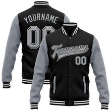 Laden Sie das Bild in den Galerie-Viewer, Uksn Individuelles Bomberjacke in Schwarz-Grau mit Druckknopfleiste, Zweifarben-Design und Varsity-Letterman-Stil
