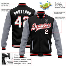 Laden Sie das Bild in den Galerie-Viewer, Uksn Individuelles Bomberjacke in Schwarz-Weiß-Rot-Grau mit Druckknopfleiste, Zweifarben-Design und Varsity-Letterman-Stil
