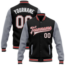 Laden Sie das Bild in den Galerie-Viewer, Uksn Individuelles Bomberjacke in Schwarz-Weiß-Rot-Grau mit Druckknopfleiste, Zweifarben-Design und Varsity-Letterman-Stil
