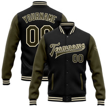Laden Sie das Bild in den Galerie-Viewer, Uksn Individuelles Bomberjacke in Schwarz-Oliv-Creme mit Druckknopfleiste, Zweifarben-Design und Varsity-Letterman-Stil
