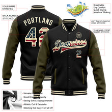 Laden Sie das Bild in den Galerie-Viewer, Uksn Individuelles Bomberjacke in Schwarz-Creme-Oliv mit Vintage-USA-Flagge, Druckknopfleiste, Zweifarben-Design und Varsity-Letterman-Stil
