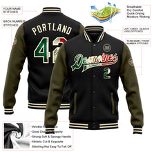 Laden Sie das Bild in den Galerie-Viewer, Uksn Individuelles Bomberjacke in Schwarz-Creme-Oliv mit Vintage-Mexiko-Flagge, Druckknopfleiste, Zweifarben-Design und Varsity-Letterman-Stil
