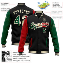 Laden Sie das Bild in den Galerie-Viewer, Uksn Individuelles Bomberjacke in Schwarz-Creme-Kelly-Grün-Rot mit Vintage-Mexiko-Flagge, Druckknopfleiste, Zweifarben-Design und Varsity-Letterman-Stil
