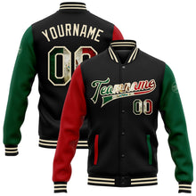 Laden Sie das Bild in den Galerie-Viewer, Uksn Individuelles Bomberjacke in Schwarz-Creme-Kelly-Grün-Rot mit Vintage-Mexiko-Flagge, Druckknopfleiste, Zweifarben-Design und Varsity-Letterman-Stil
