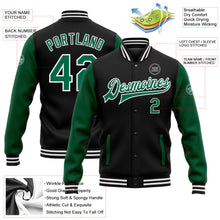 Laden Sie das Bild in den Galerie-Viewer, Uksn Individuelles Bomberjacke in Schwarz-Kelly-Grün-Weiß mit Druckknopfleiste, Zweifarben-Design und Varsity-Letterman-Stil
