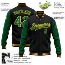 Laden Sie das Bild in den Galerie-Viewer, Uksn Individuelles Bomberjacke in Schwarz-Kelly-Grün-Gold mit Druckknopfleiste, Zweifarben-Design und Varsity-Letterman-Stil
