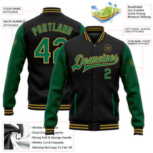 Laden Sie das Bild in den Galerie-Viewer, Uksn Individuelles Bomberjacke in Schwarz-Kelly-Grün-Altgold mit Druckknopfleiste, Zweifarben-Design und Varsity-Letterman-Stil
