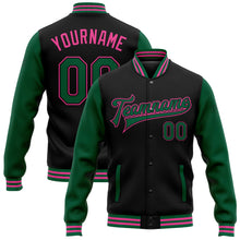 Laden Sie das Bild in den Galerie-Viewer, Uksn Individuelles Bomberjacke in Schwarz-Kelly-Grün-Pink mit Druckknopfleiste, Zweifarben-Design und Varsity-Letterman-Stil
