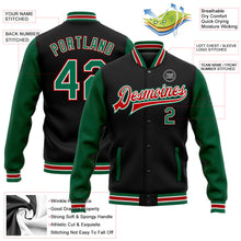 Laden Sie das Bild in den Galerie-Viewer, Uksn Individuelles Bomberjacke in Schwarz-Kelly-Grün-Rot mit Druckknopfleiste, Zweifarben-Design und Varsity-Letterman-Stil
