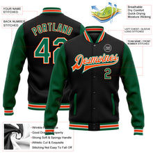 Laden Sie das Bild in den Galerie-Viewer, Uksn Individuelles Bomberjacke in Schwarz-Kelly-Grün-Orange mit Druckknopfleiste, Zweifarben-Design und Varsity-Letterman-Stil
