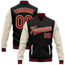 Laden Sie das Bild in den Galerie-Viewer, Uksn Individuelles Bomberjacke in Schwarz-Rot-Creme mit Druckknopfleiste, Zweifarben-Design und Varsity-Letterman-Stil

