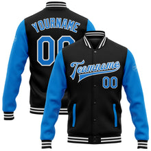 Laden Sie das Bild in den Galerie-Viewer, Uksn Individuelles Bomberjacke in Schwarz-Puderblau-Weiß mit Druckknopfleiste, Zweifarben-Design und Varsity-Letterman-Stil
