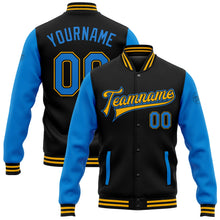 Laden Sie das Bild in den Galerie-Viewer, Uksn Individuelles Bomberjacke in Schwarz-Puderblau-Gold mit Druckknopfleiste, Zweifarben-Design und Varsity-Letterman-Stil

