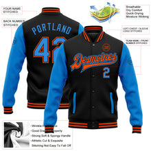 Laden Sie das Bild in den Galerie-Viewer, Uksn Individuelles Bomberjacke in Schwarz-Puderblau-Orange mit Druckknopfleiste, Zweifarben-Design und Varsity-Letterman-Stil
