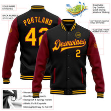 Laden Sie das Bild in den Galerie-Viewer, Uksn Individuelles Bomberjacke in Schwarz-Gold-Karmesinrot mit Druckknopfleiste, Zweifarben-Design und Varsity-Letterman-Stil
