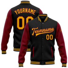 Laden Sie das Bild in den Galerie-Viewer, Uksn Individuelles Bomberjacke in Schwarz-Gold-Karmesinrot mit Druckknopfleiste, Zweifarben-Design und Varsity-Letterman-Stil
