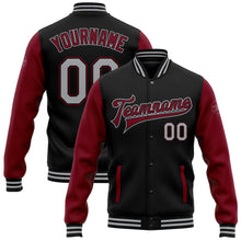 Laden Sie das Bild in den Galerie-Viewer, Uksn Individuelles Bomberjacke in Schwarz-Grau-Karmesinrot mit Druckknopfleiste, Zweifarben-Design und Varsity-Letterman-Stil
