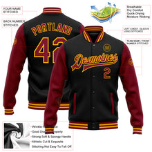Laden Sie das Bild in den Galerie-Viewer, Uksn Individuelles Bomberjacke in Schwarz-Karmesinrot-Gold mit Druckknopfleiste, Zweifarben-Design und Varsity-Letterman-Stil
