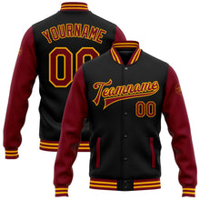 Laden Sie das Bild in den Galerie-Viewer, Uksn Individuelles Bomberjacke in Schwarz-Karmesinrot-Gold mit Druckknopfleiste, Zweifarben-Design und Varsity-Letterman-Stil
