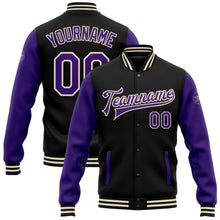 Laden Sie das Bild in den Galerie-Viewer, Uksn Individuelles Bomberjacke in Schwarz-Violett-Creme mit Druckknopfleiste, Zweifarben-Design und Varsity-Letterman-Stil
