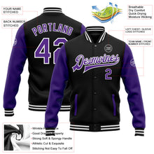 Laden Sie das Bild in den Galerie-Viewer, Uksn Individuelles Bomberjacke in Schwarz-Violett-Weiß mit Druckknopfleiste, Zweifarben-Design und Varsity-Letterman-Stil
